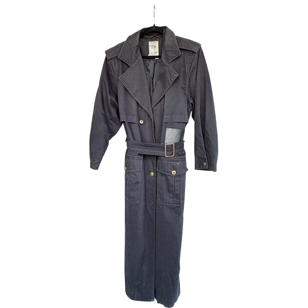 Vintage 1990s Black Cotton Trench Coat Petite 12 Belted Long Coat Made Hong Kong